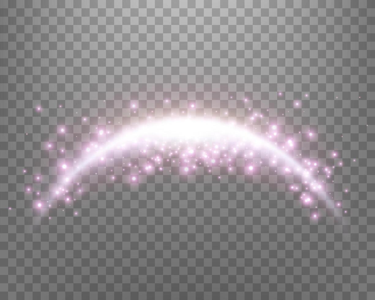 Pink magic arch with glowing particles, sunlight lens flare. Neon realistic energy flare arch. Abstract light effect on a background. Vector illustration.