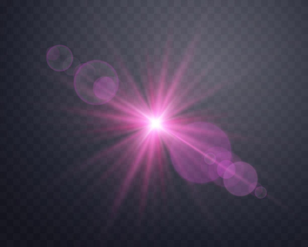 Sunlight lens flare, sun flash with rays and spotlight. Pink glowing burst explosion on a background. Vector illustration.