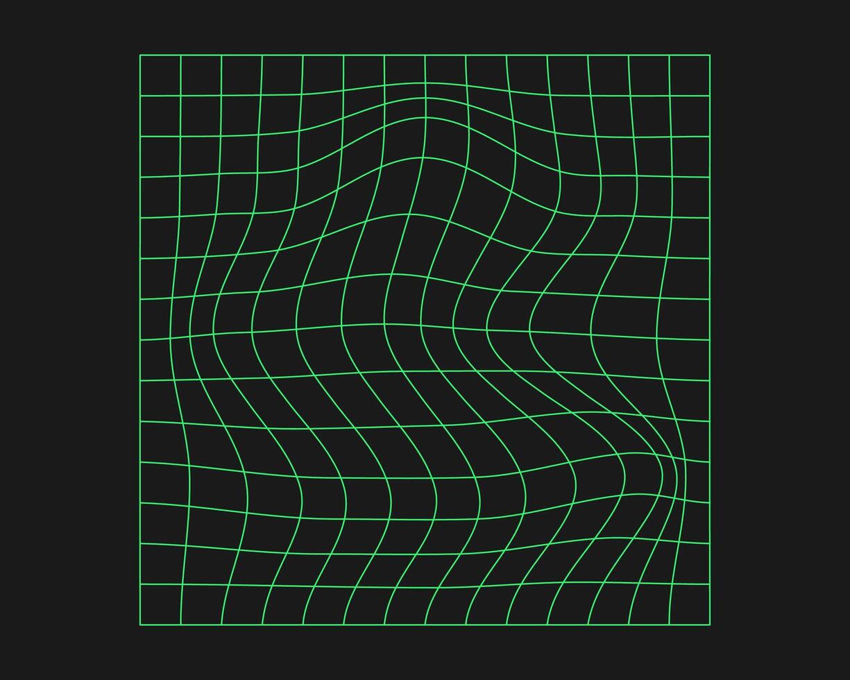 Distorted cyber grid. Cyberpunk geometry element y2k style. Isolated green mesh on black background. Vector fashion illustration.