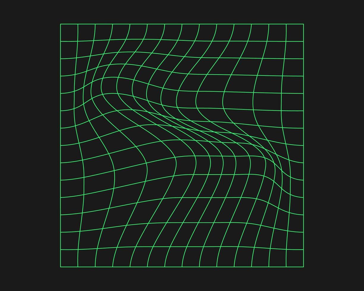 Distorted cyber grid. Cyberpunk geometry element y2k style. Isolated green mesh on black background. Vector fashion illustration.