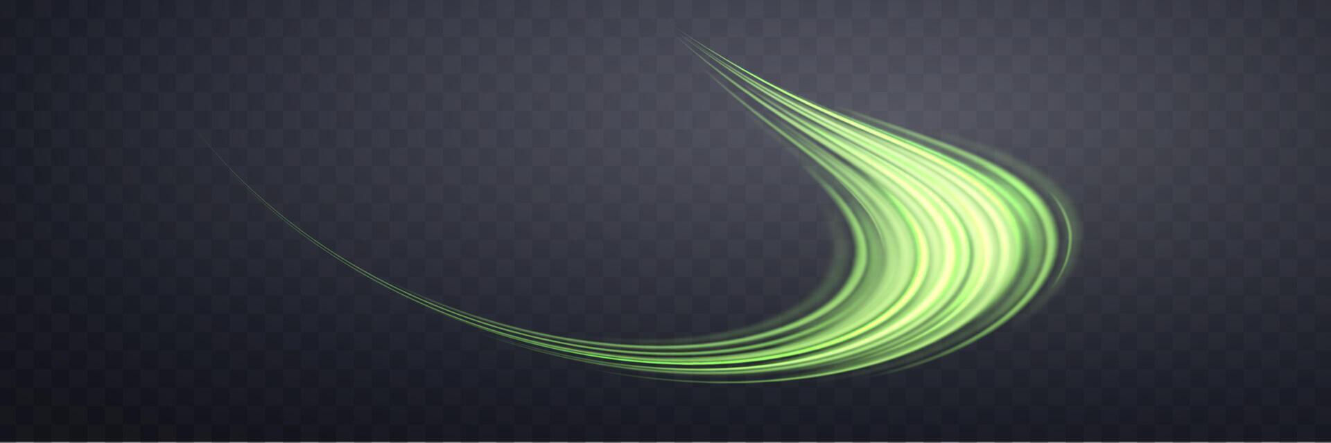 Glowing green lines. Neon realistic energy speed. Abstract light effect on a dark background. Vector illustration.