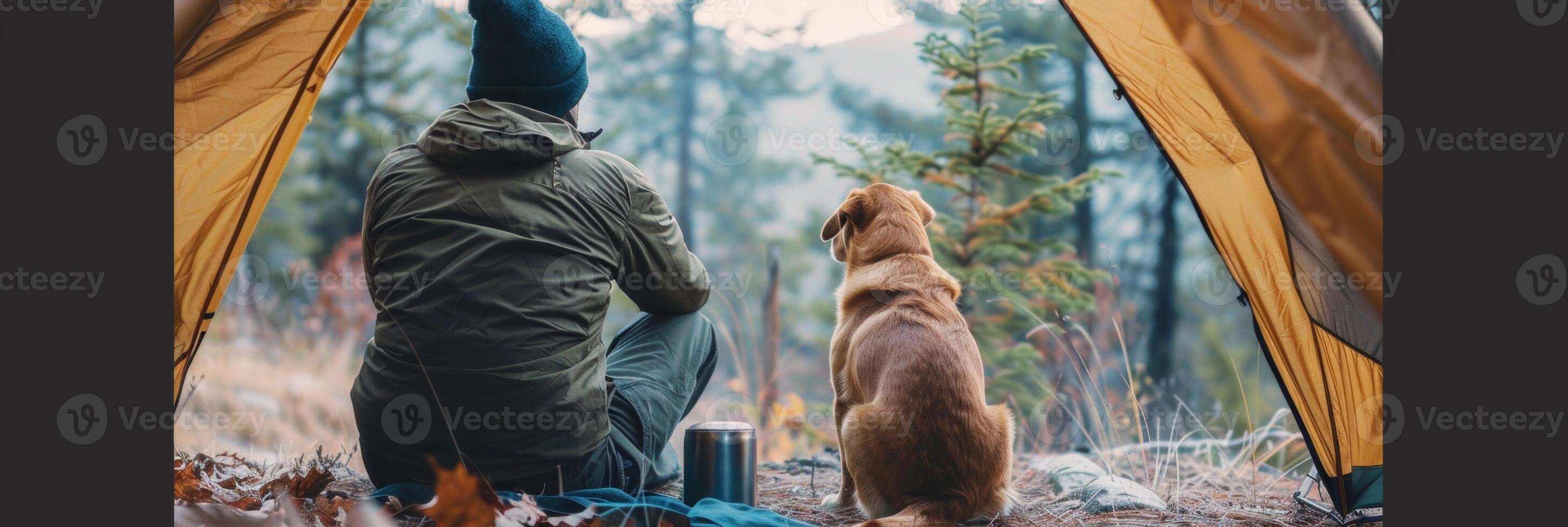 ai generado camper y su leal canino compañero sentar en un tienda y disfrutar foto