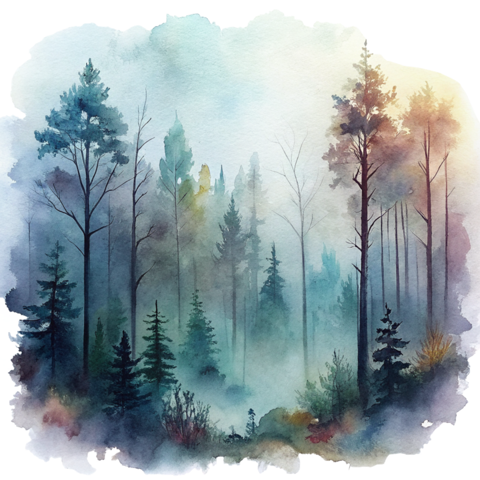 AI generated Aesthetic watercolor of foggy forest. png