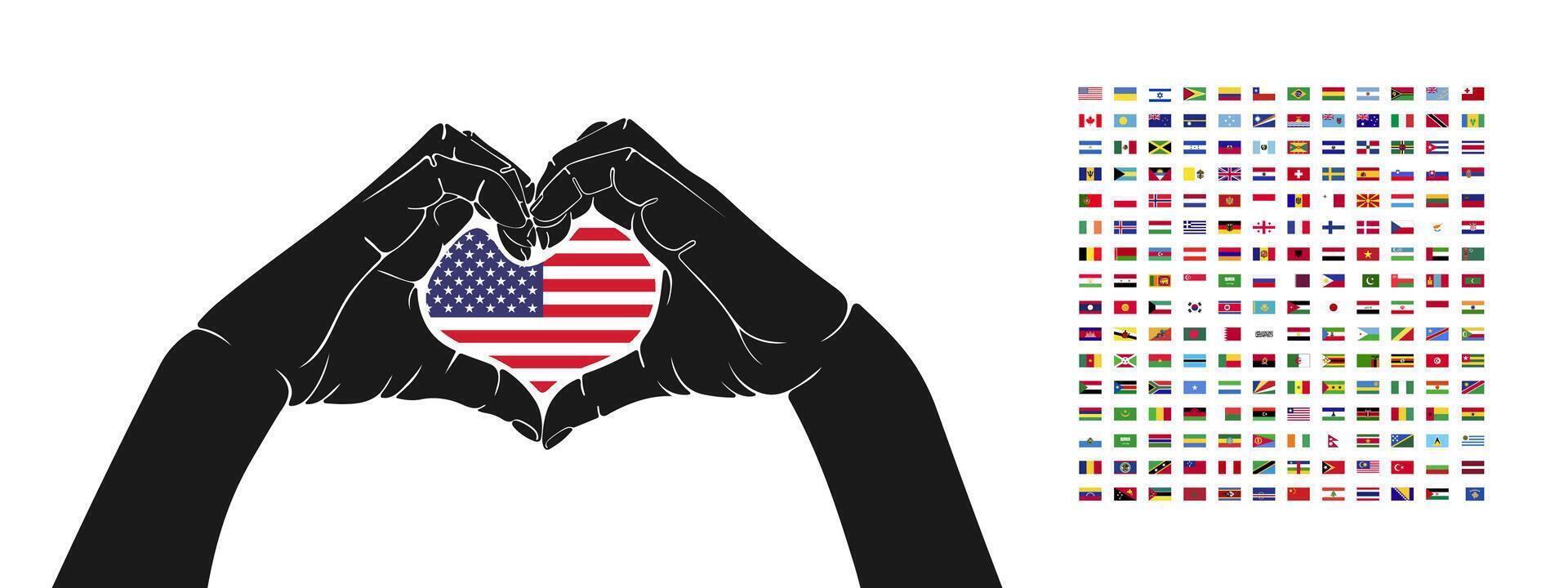 Hands show the shape of a heart. Flags of countries of the world. Vector image