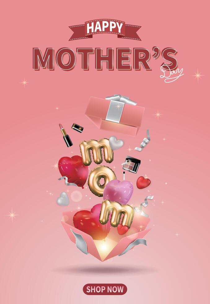 Pink Mother's Day sales guide, open gift box with flying heart balloons and ribbons vector