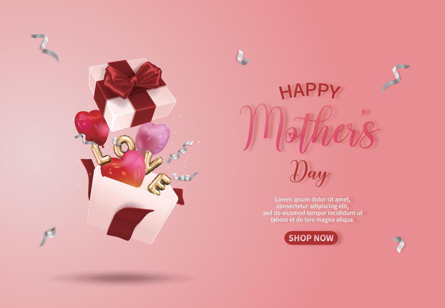 Pink Mother's Day sales guide, open gift box with flying heart balloons and ribbons vector