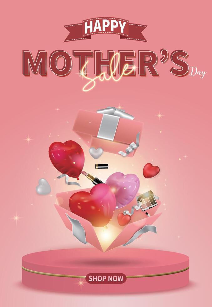 Pink Mother's Day sales guide, open gift box with flying heart balloons and ribbons vector