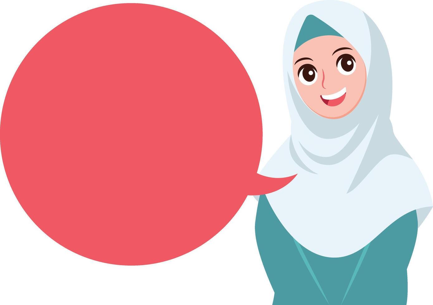 Smiling hijab muslim female speaking with empty speech balloon vector flat illustration