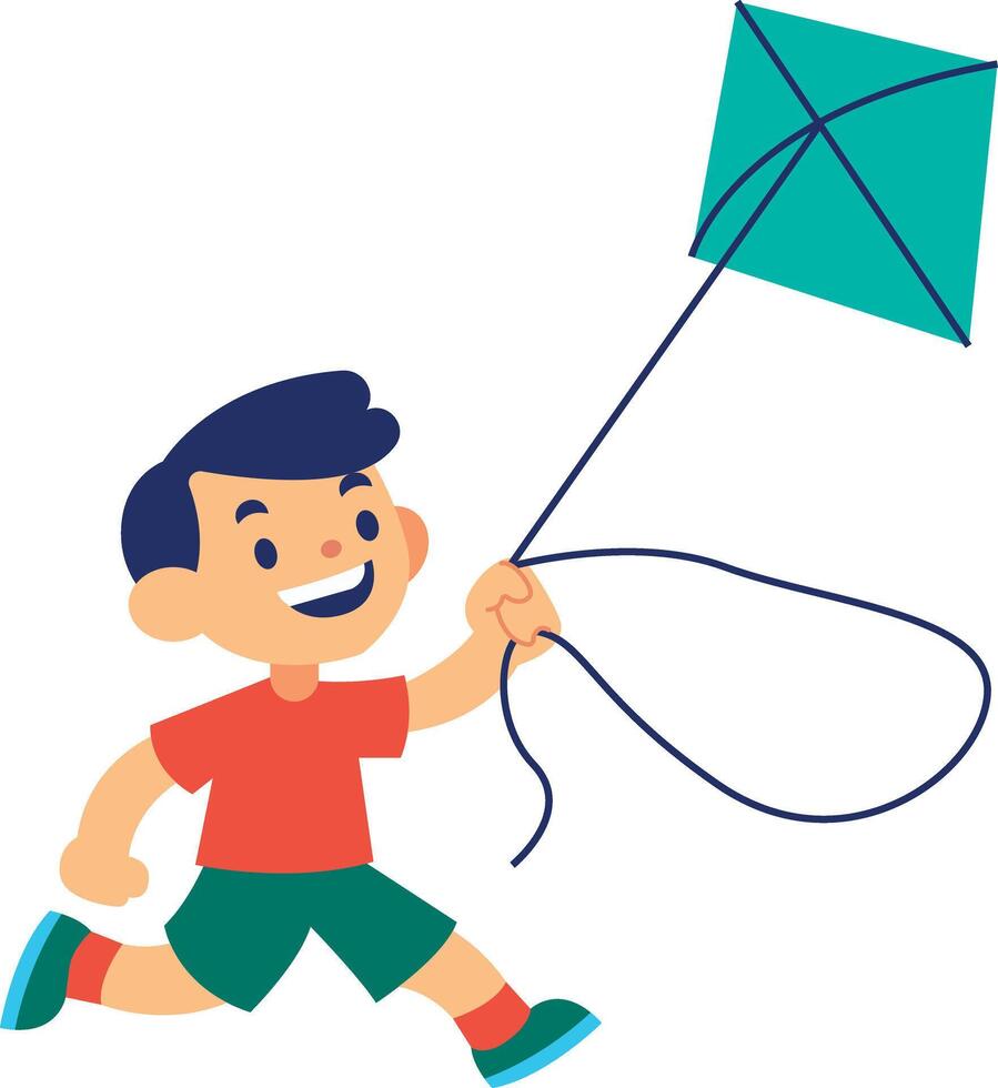 Cartoon little boy playing kite flat art illustration vector