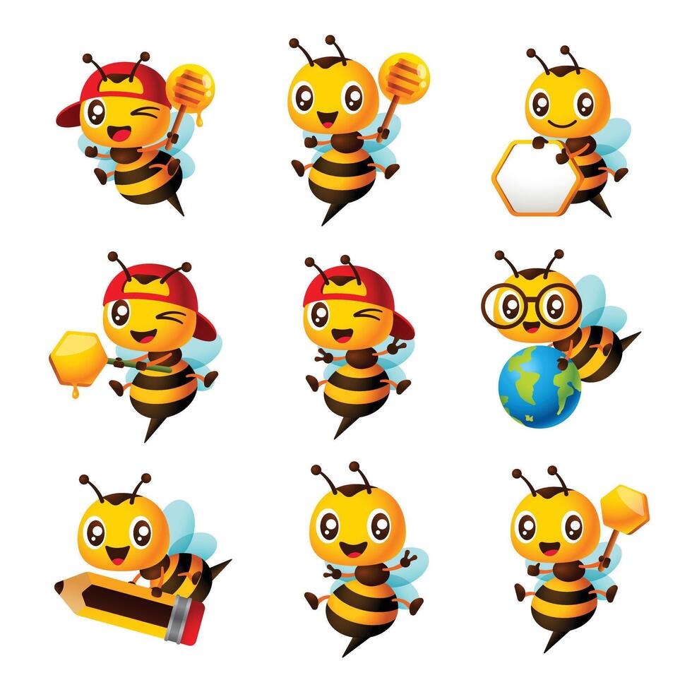 Cartoon cute bee mascot set. Cartoon cute bee showing different pose with holdin honey dipper, pencil, globe, honeycomb sign and wearing cap. Vector illustration isolated