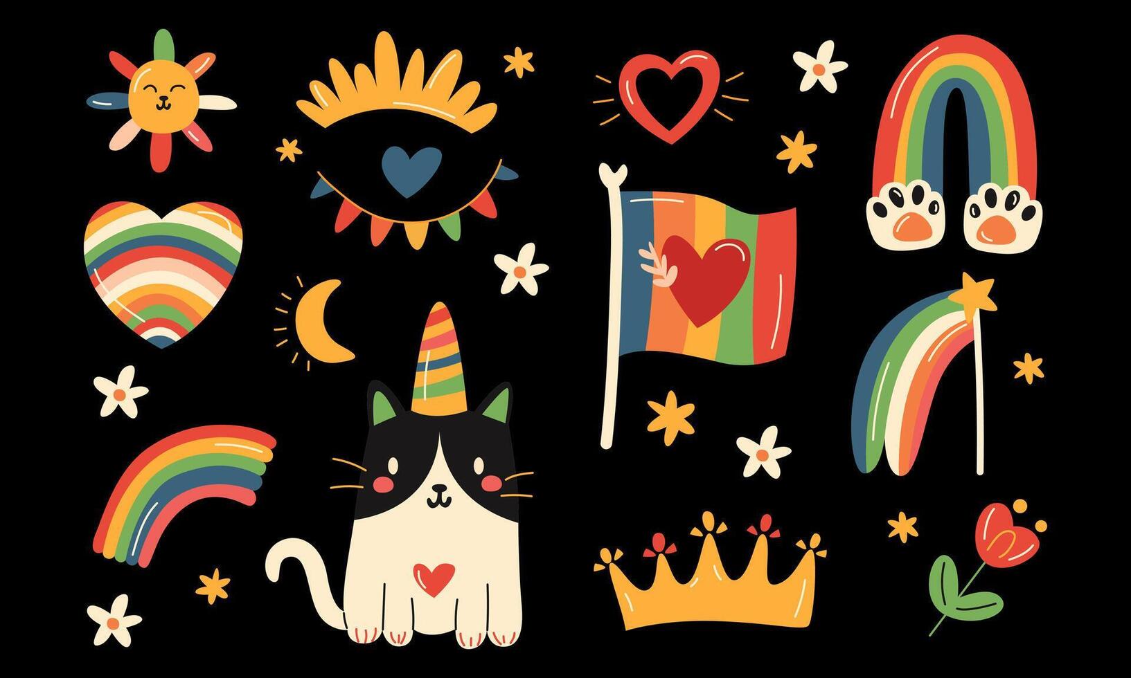 Set of LGBT community rainbow flag, flower, eye, heart, crown, unicorn cat. Pride month homosexual love, queer, bisexual, transgender, gender equality parade, rights stickers. Supporting peace groovy vector