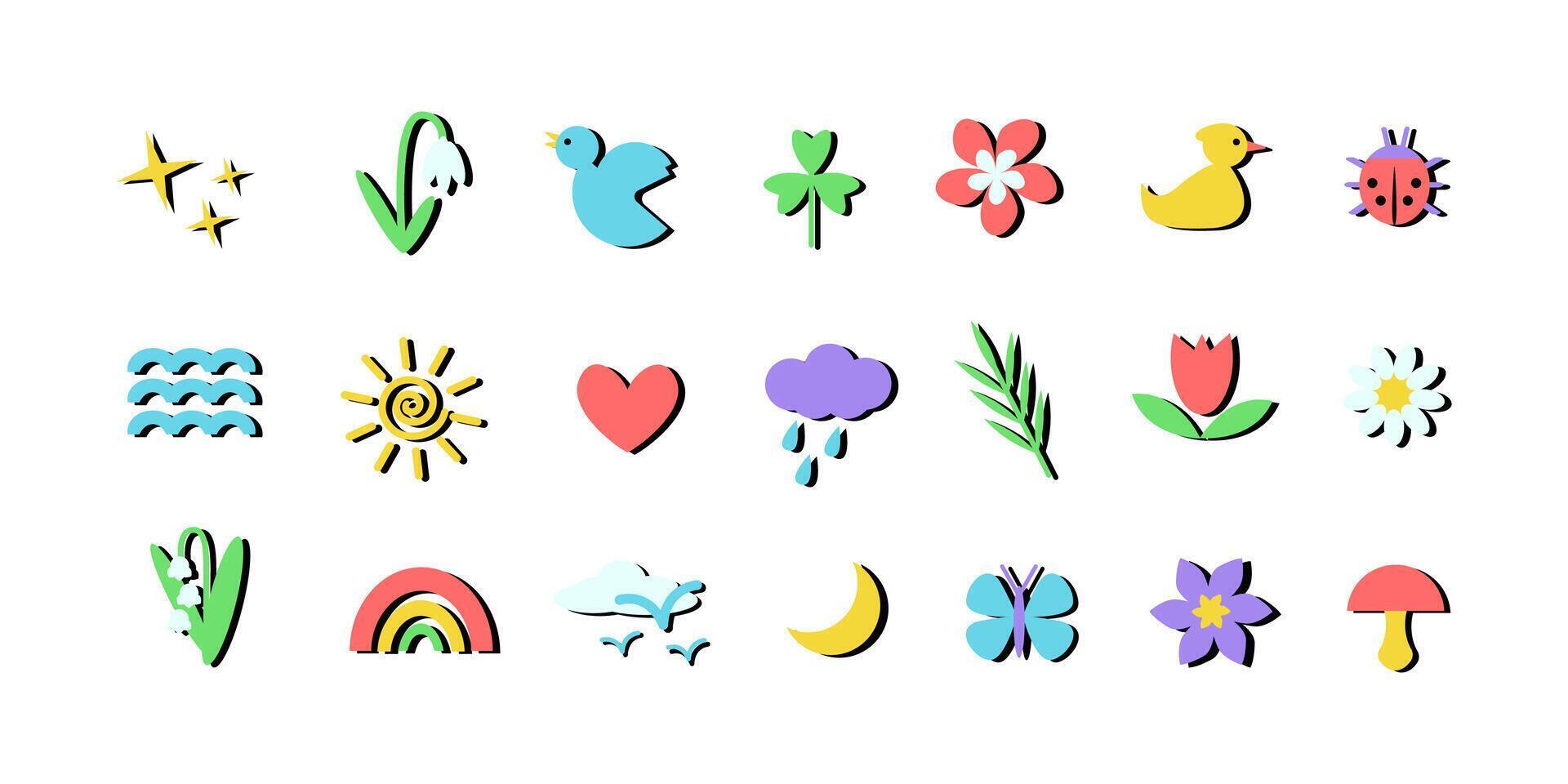 Springtime childlike symbols, neobrutalism style vector