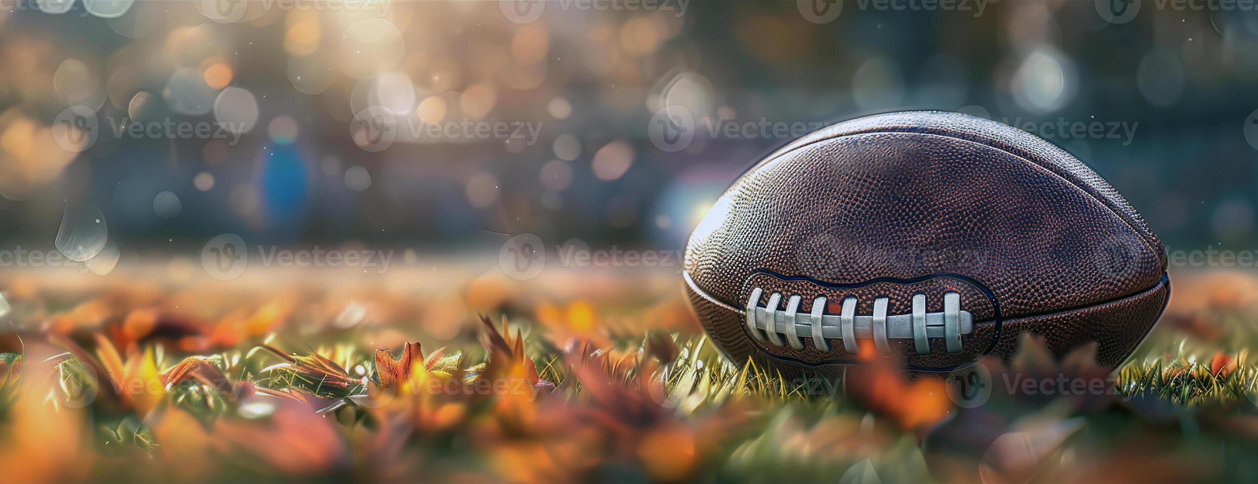 AI generated A realistic American football ball is lying on a football field with leaves. Place for the text on the left photo