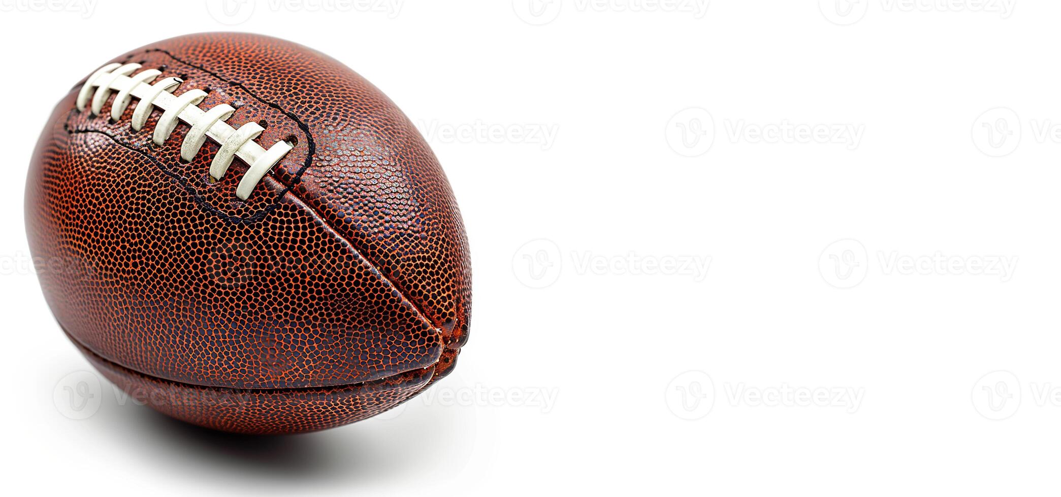 AI generated The American football ball lies on the left in the frame on a white background. Place for the text on the right photo