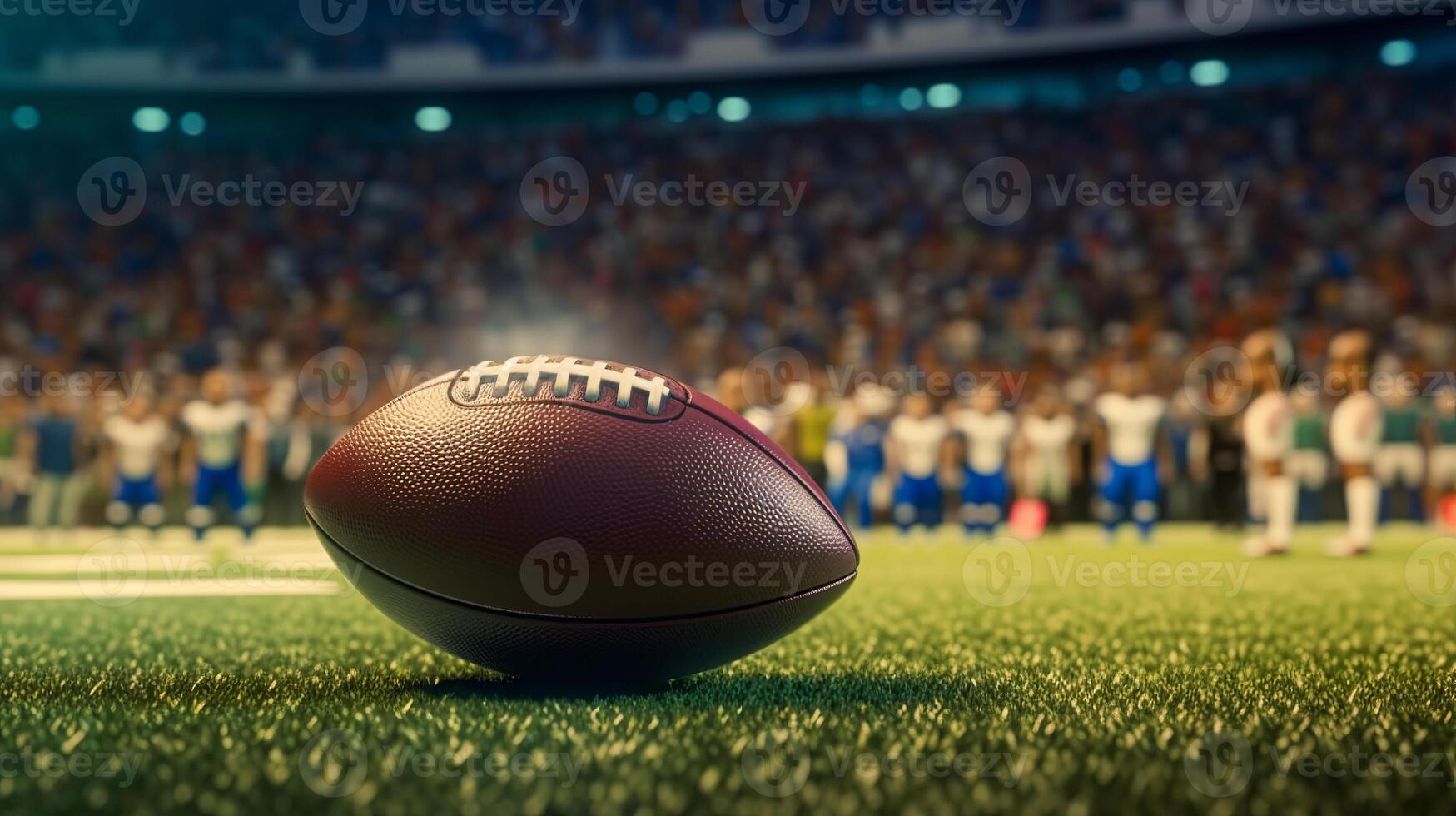 AI generated American football ball lies on the football field. Against the backdrop of the stands with fans photo