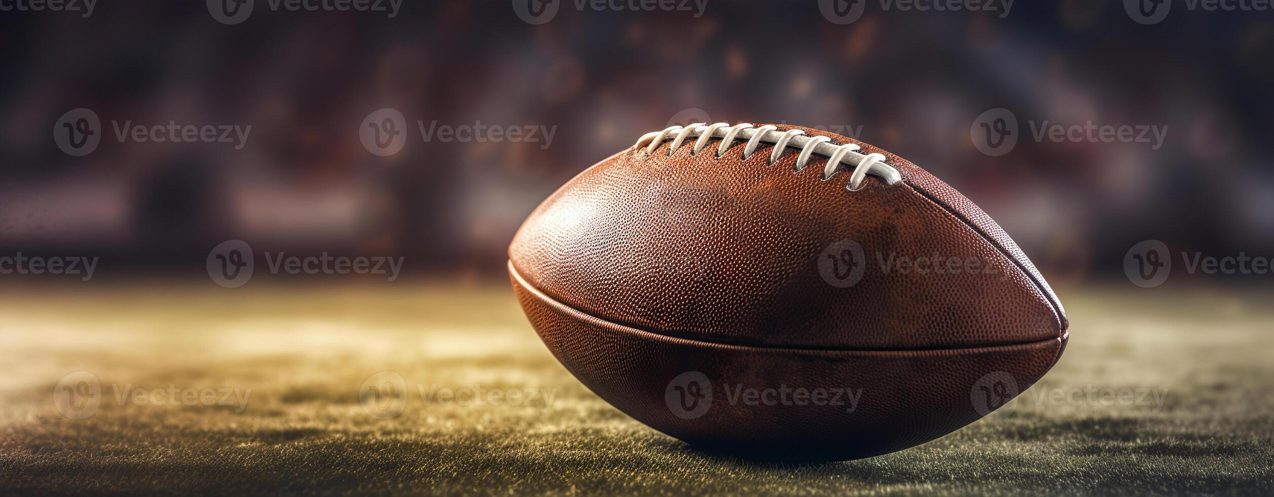 AI generated Realistic American football ball lies on the football field. Against the backdrop of the stands with fans photo