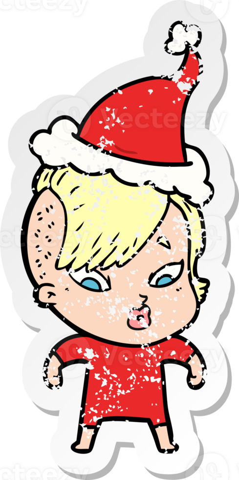 hand drawn distressed sticker cartoon of a surprised girl wearing santa hat png