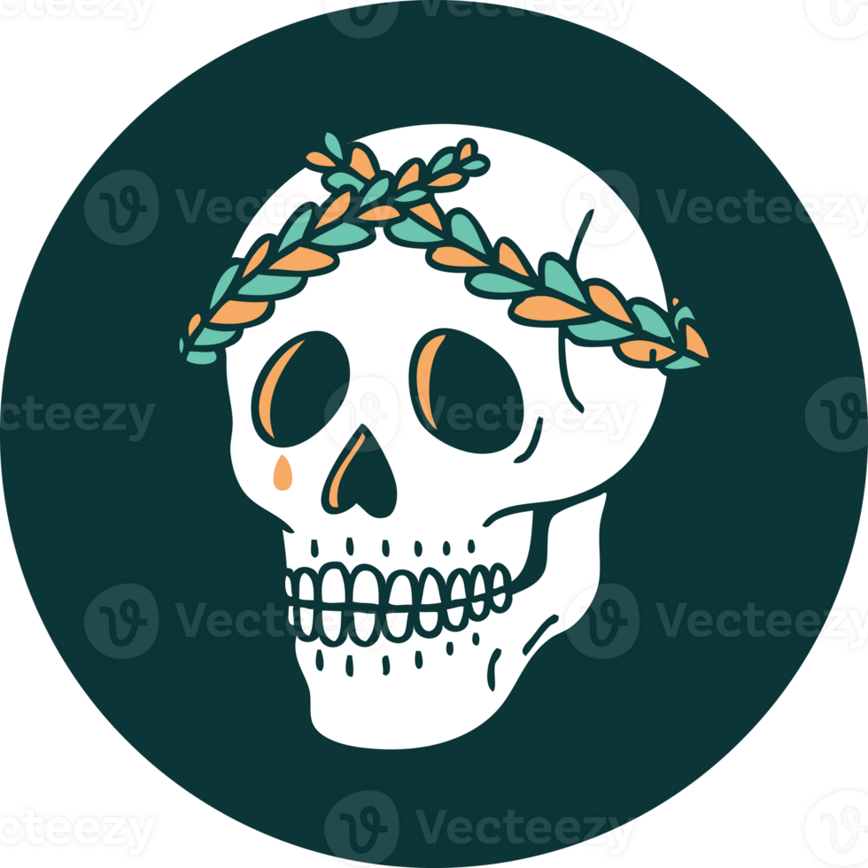 iconic tattoo style image of a skull with laurel wreath crown png