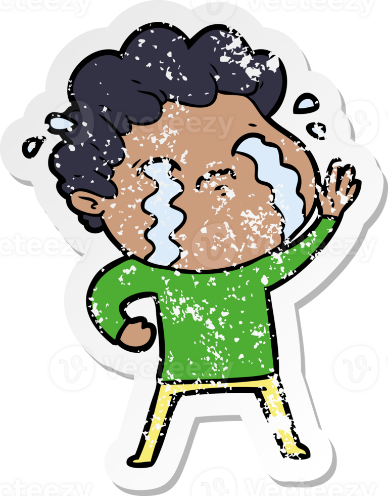 distressed sticker of a cartoon man crying png