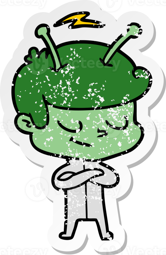 distressed sticker of a friendly cartoon spaceman png