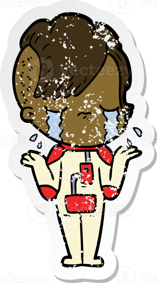 distressed sticker of a cartoon crying girl wearing space clothes png