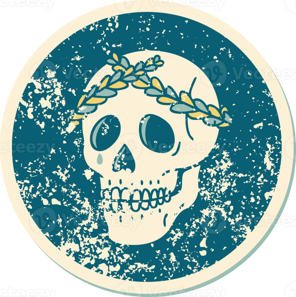 iconic distressed sticker tattoo style image of a skull with laurel wreath crown png