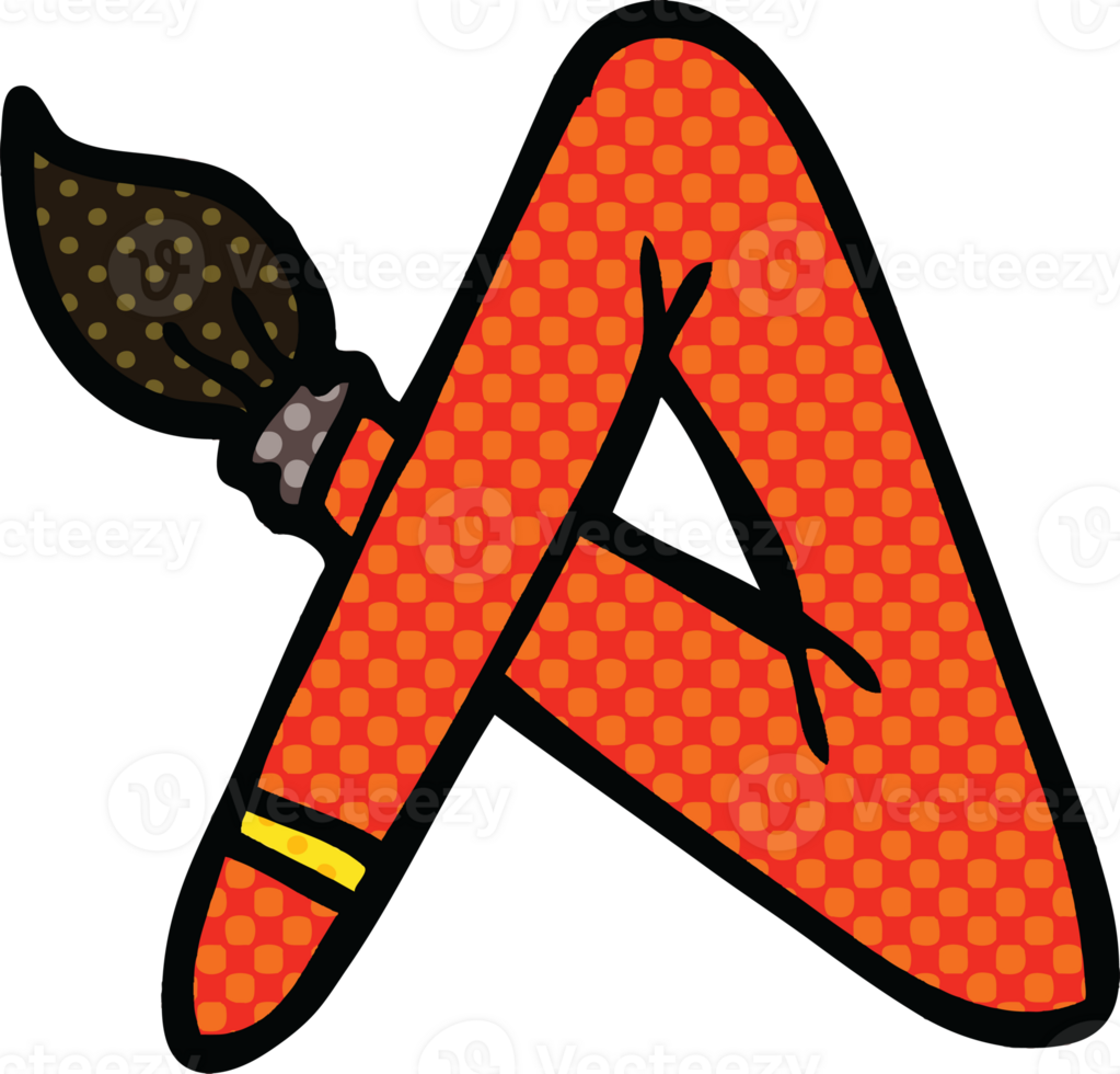 comic book style cartoon paint brush bent into letter A png