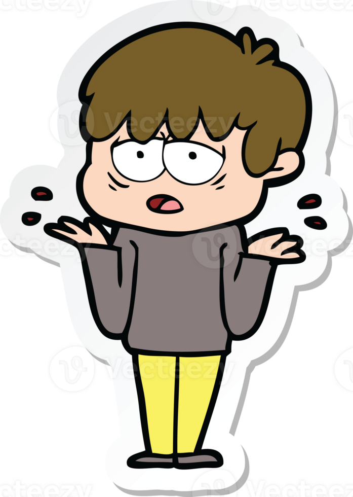 sticker of a cartoon exhausted boy shrugging shoulders png