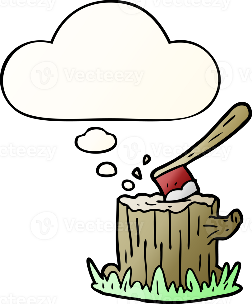 cartoon axe in tree stump with thought bubble in smooth gradient style png