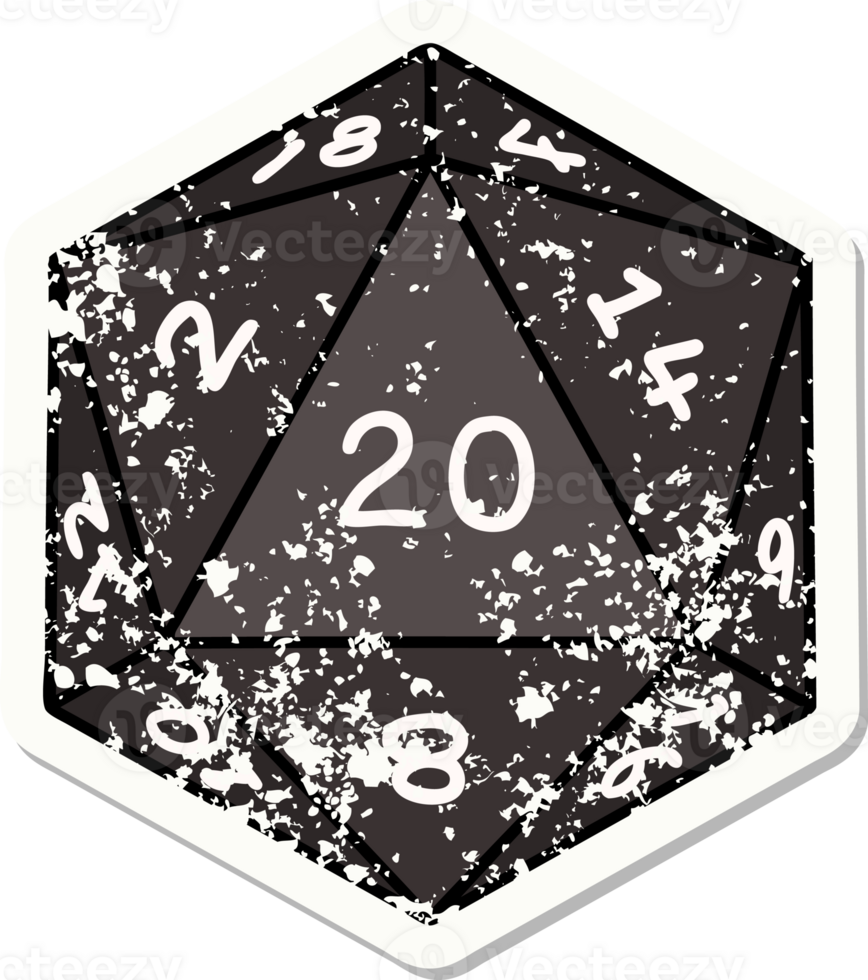 grunge sticker of a natural 20 D20 dice roll png