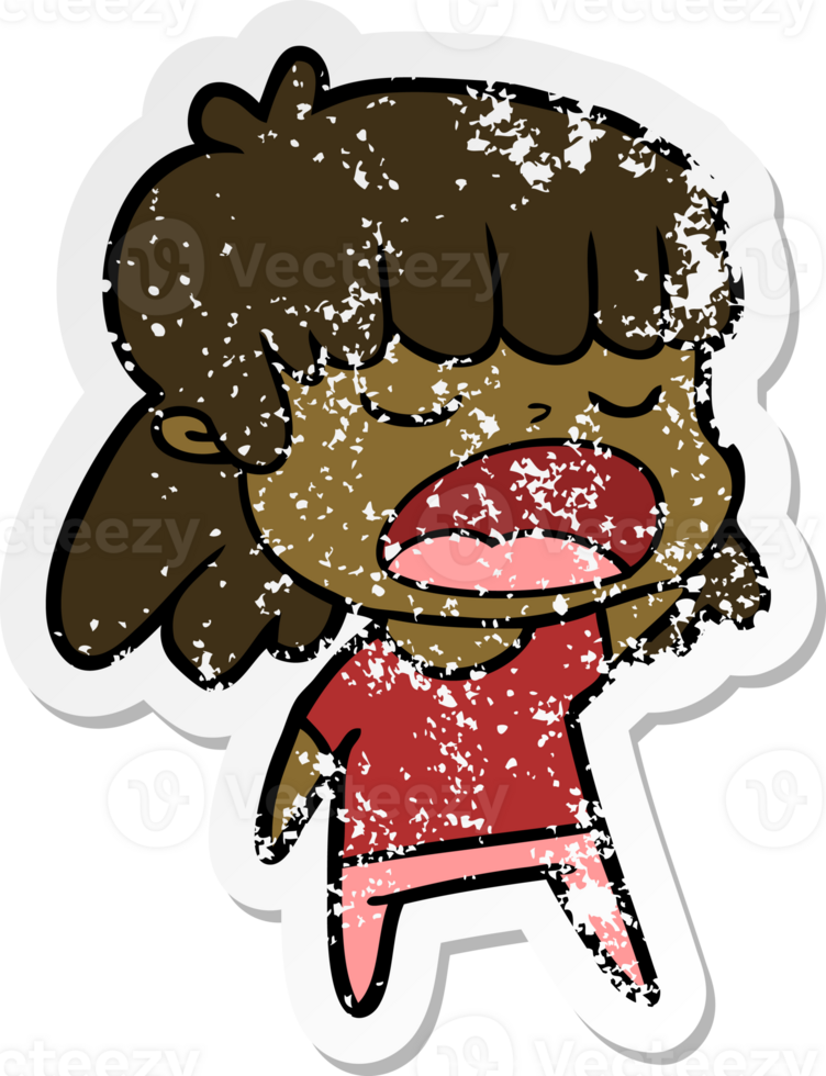 distressed sticker of a cartoon woman talking loudly png