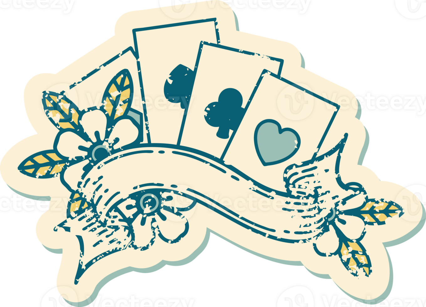 iconic distressed sticker tattoo style image of cards and banner png
