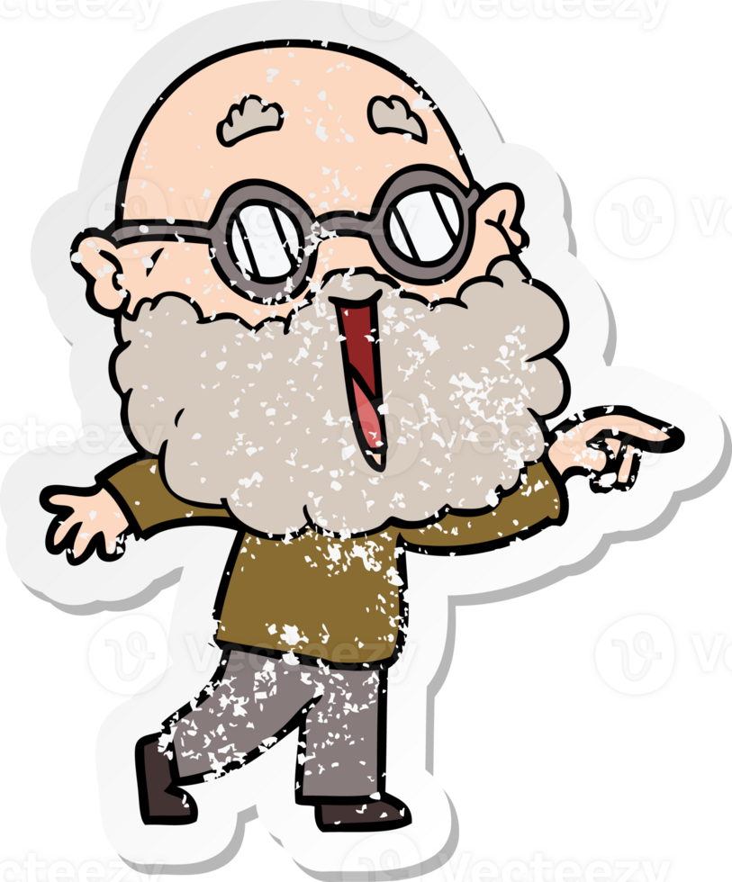 distressed sticker of a cartoon joyful man with beard pointing finger png