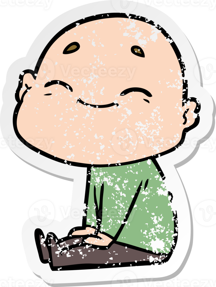 distressed sticker of a happy cartoon bald man png