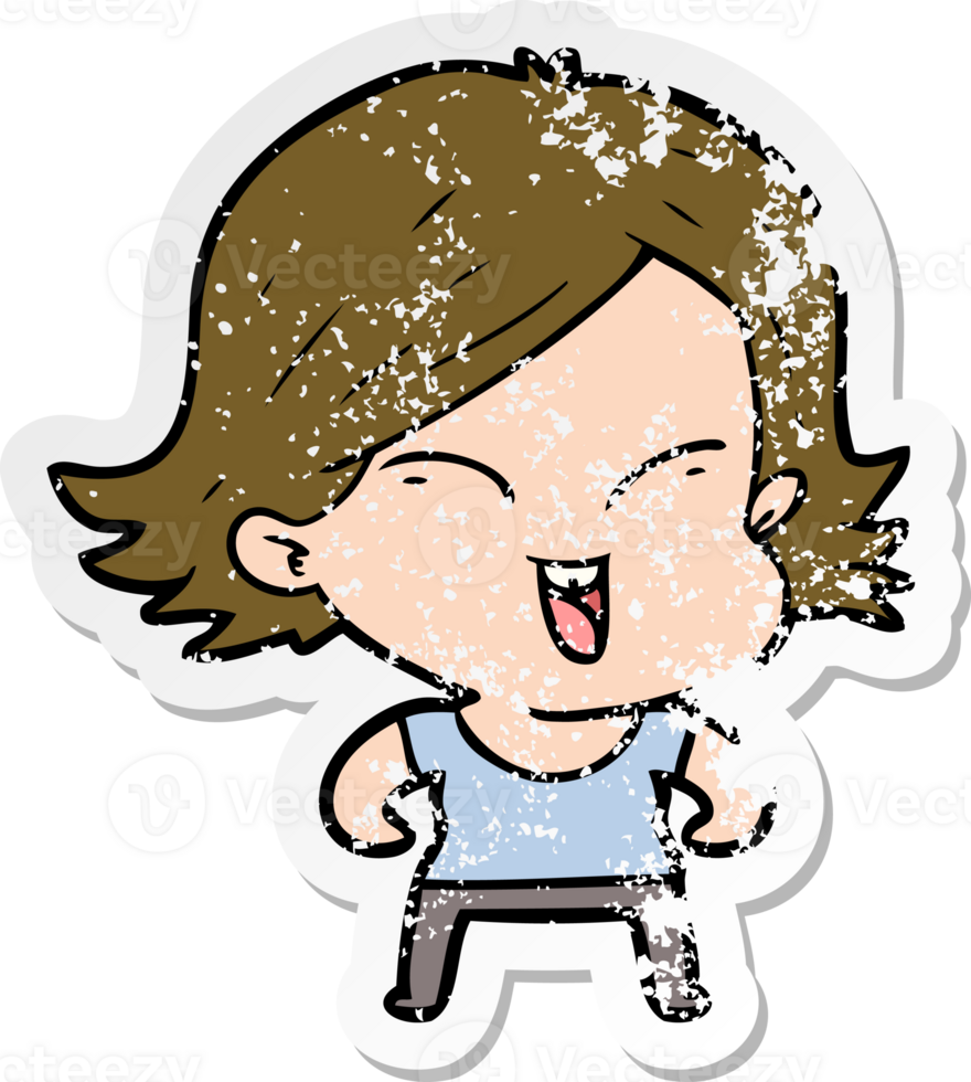 distressed sticker of a happy cartoon girl png
