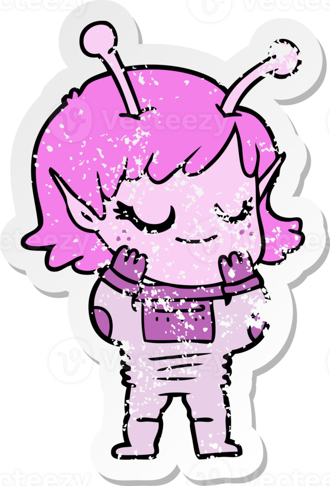 distressed sticker of a smiling alien girl cartoon png