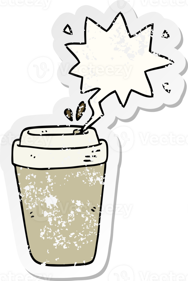 cartoon coffee cup and speech bubble distressed sticker png