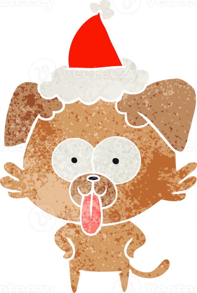 retro cartoon of a dog with tongue sticking out wearing santa hat png
