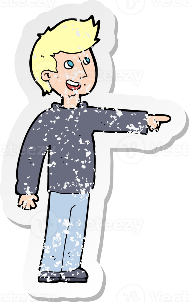 retro distressed sticker of a cartoon happy man pointing and laughing png