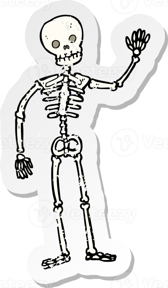 retro distressed sticker of a cartoon waving skeleton png