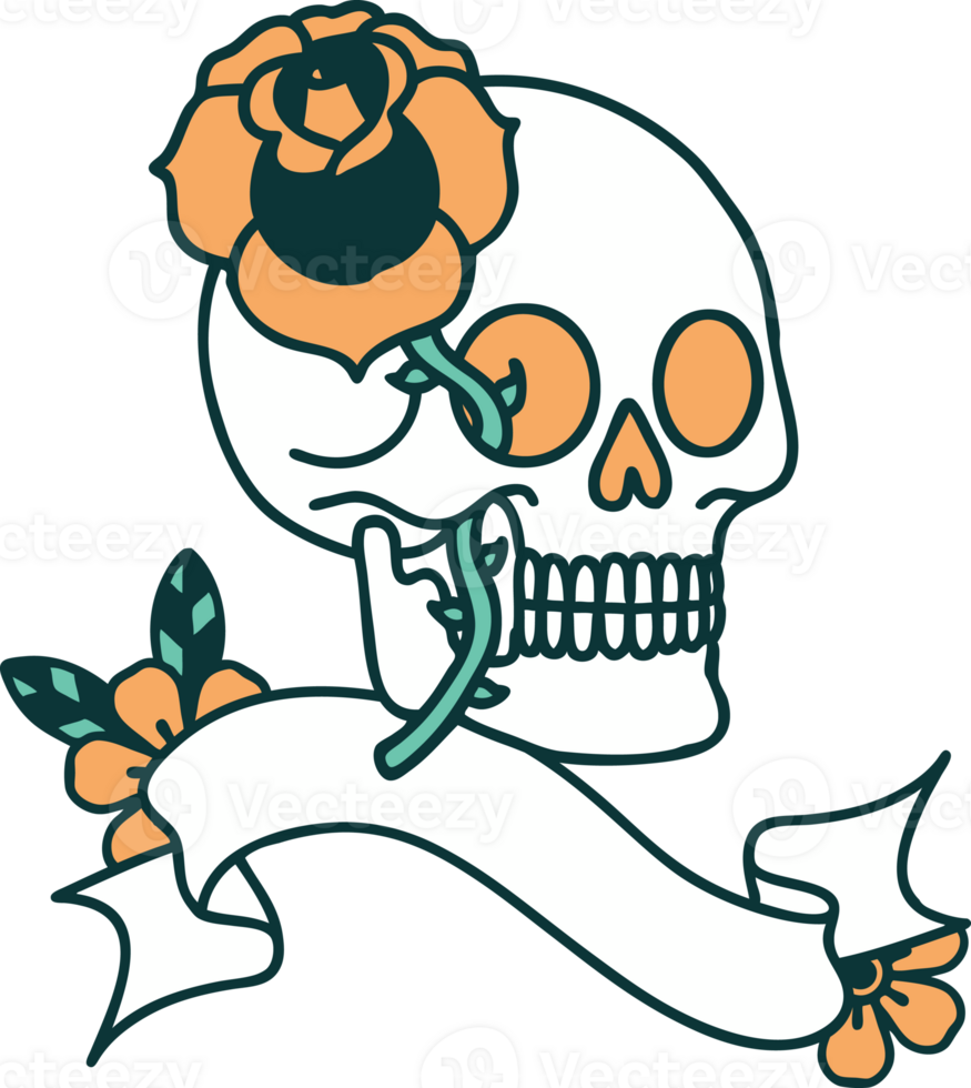 tattoo with banner of a skull and rose png