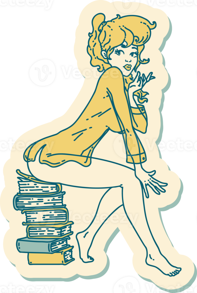 tattoo style sticker of a pinup girl sitting on books png