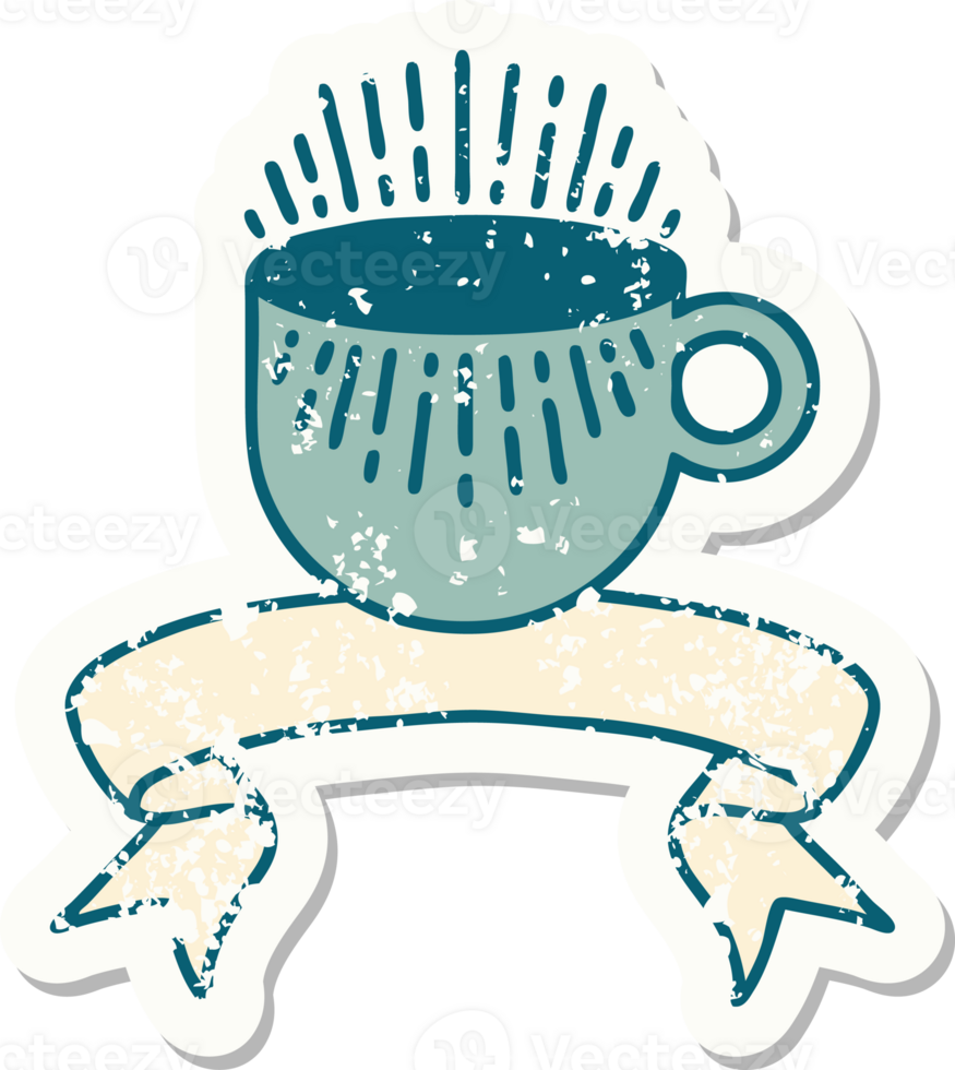 grunge sticker with banner of cup of coffee png