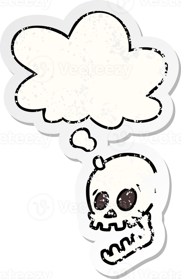 laughing skull cartoon and thought bubble as a distressed worn sticker png