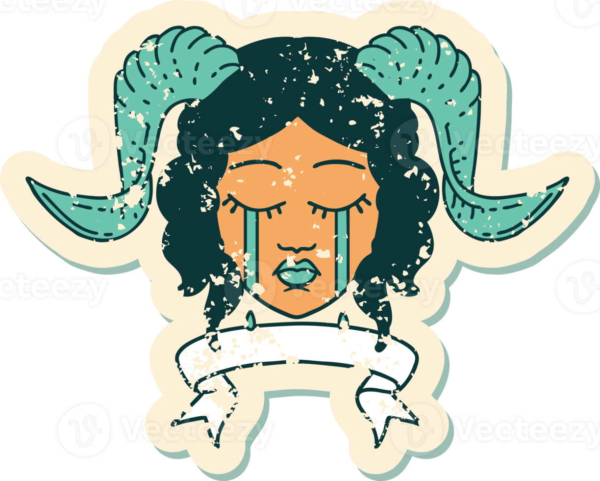crying tiefling character face with scroll banner illustration png