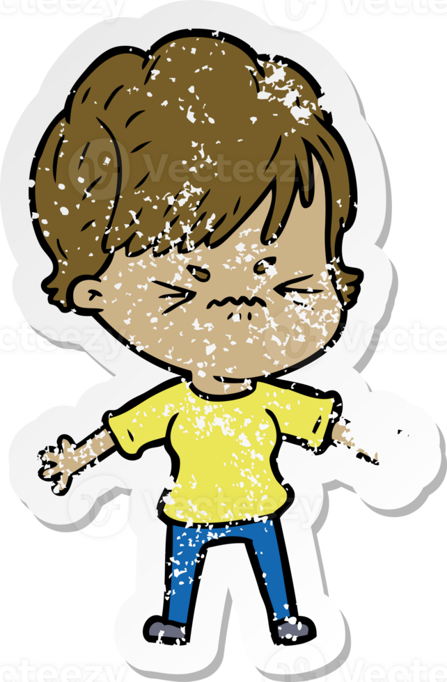 distressed sticker of a cartoon frustrated woman png