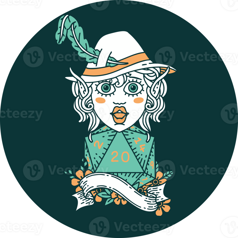 elf bard with natural twenty dice roll icon png
