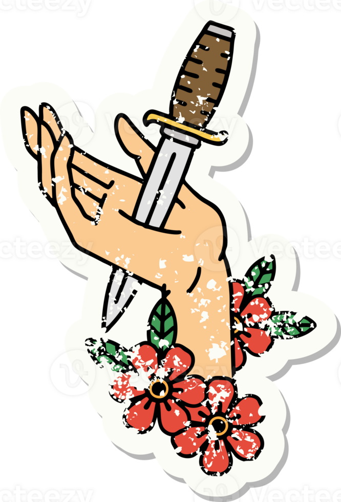 traditional distressed sticker tattoo of a dagger in the hand png