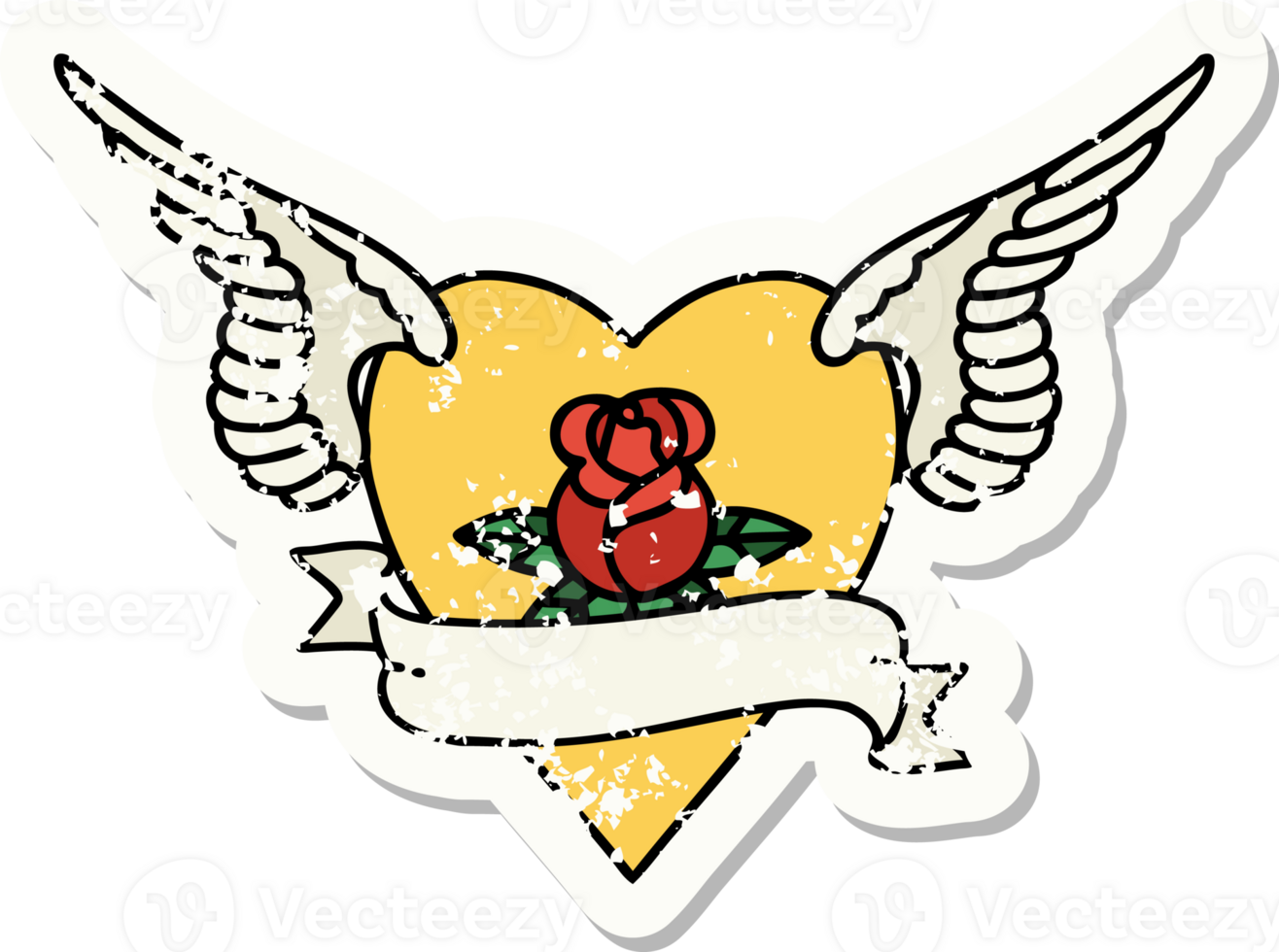 traditional distressed sticker tattoo of a heart with wings a rose and banner png