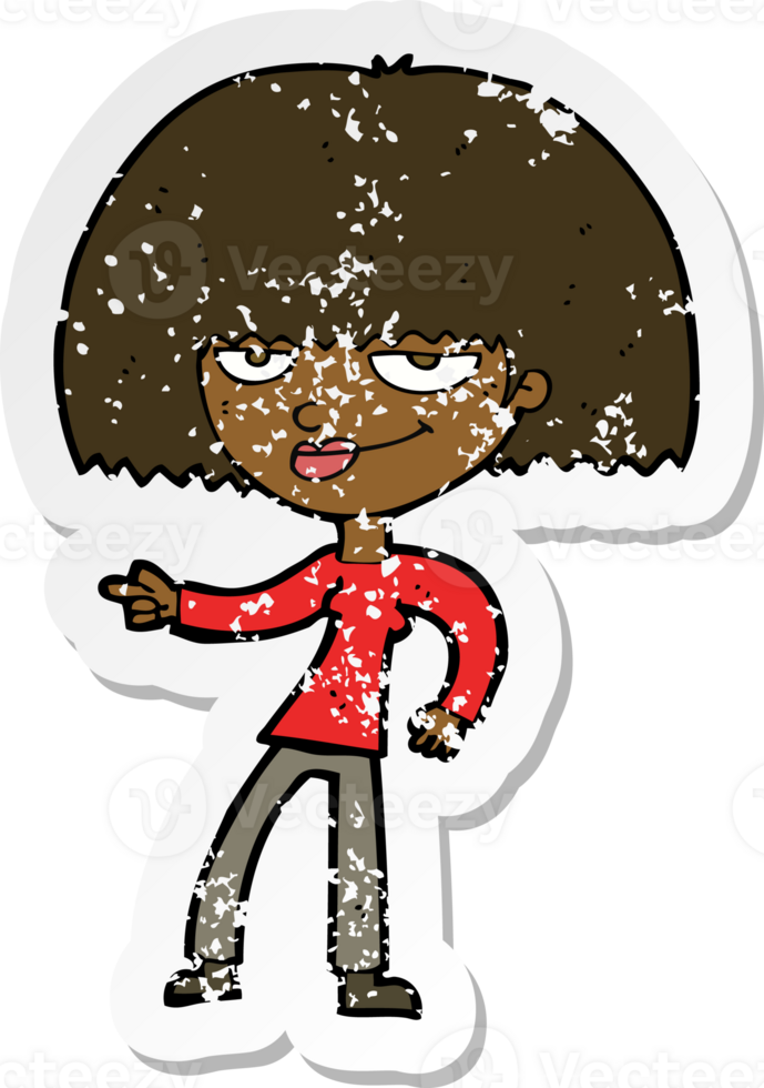 retro distressed sticker of a cartoon happy woman pointing png